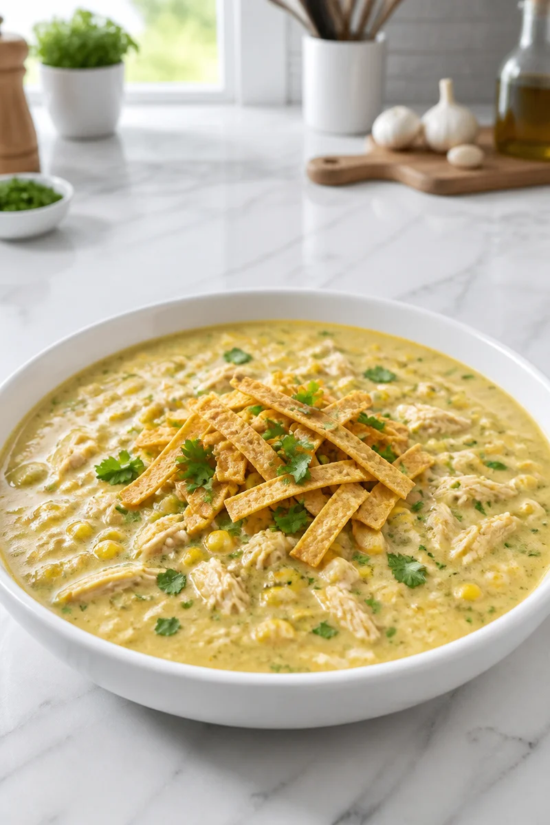 Delicious creamy green chile and corn chicken tortilla soup served in a bowl