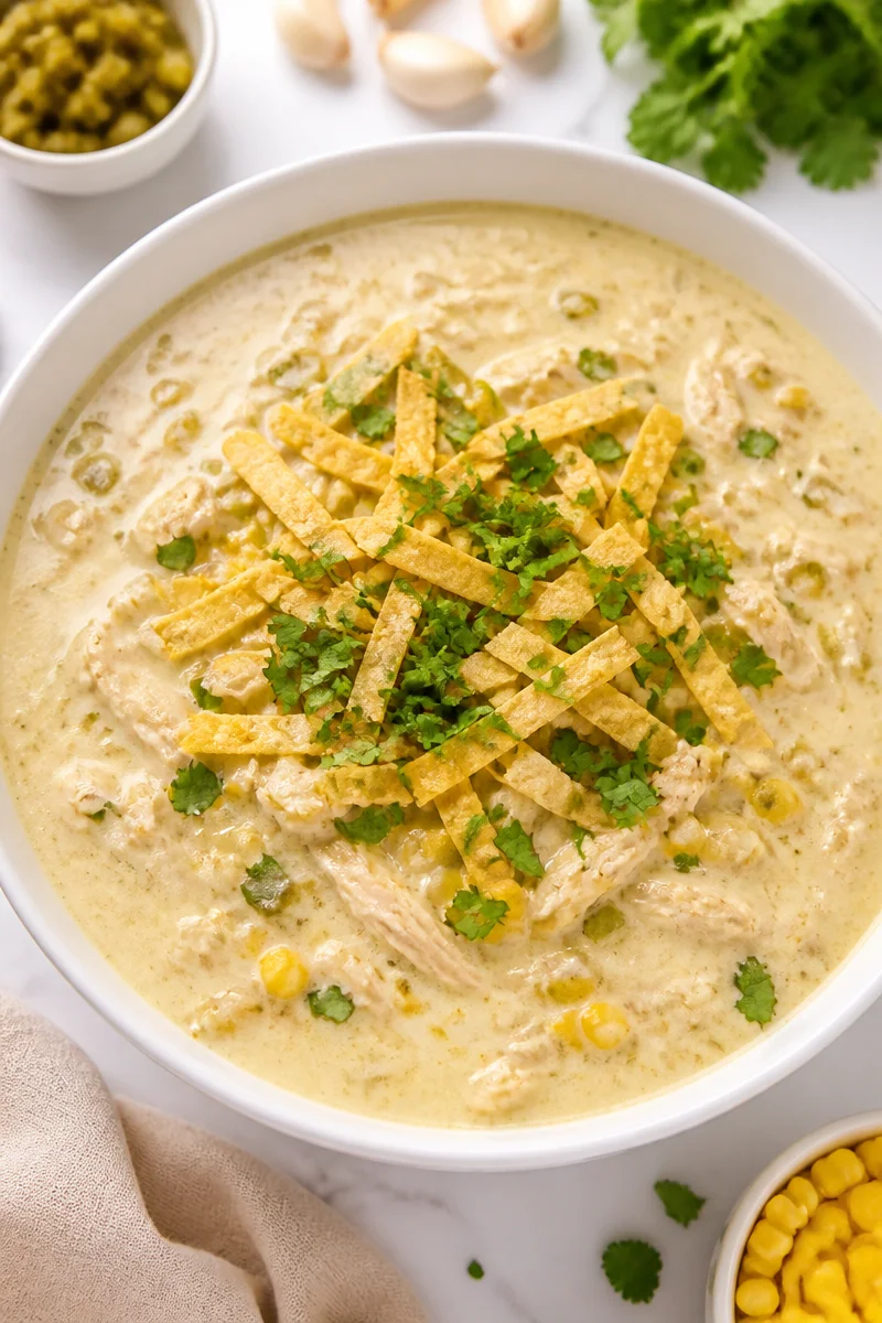 Creamy Green Chile And Corn Chicken Tortilla Soup