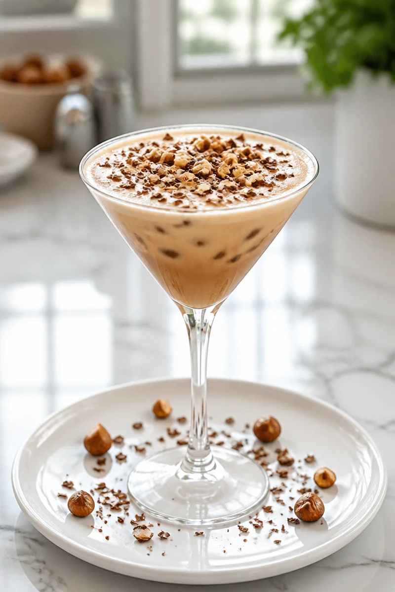 Creamy hazelnut iced coffee mocktail espresso martini served in a stylish glass