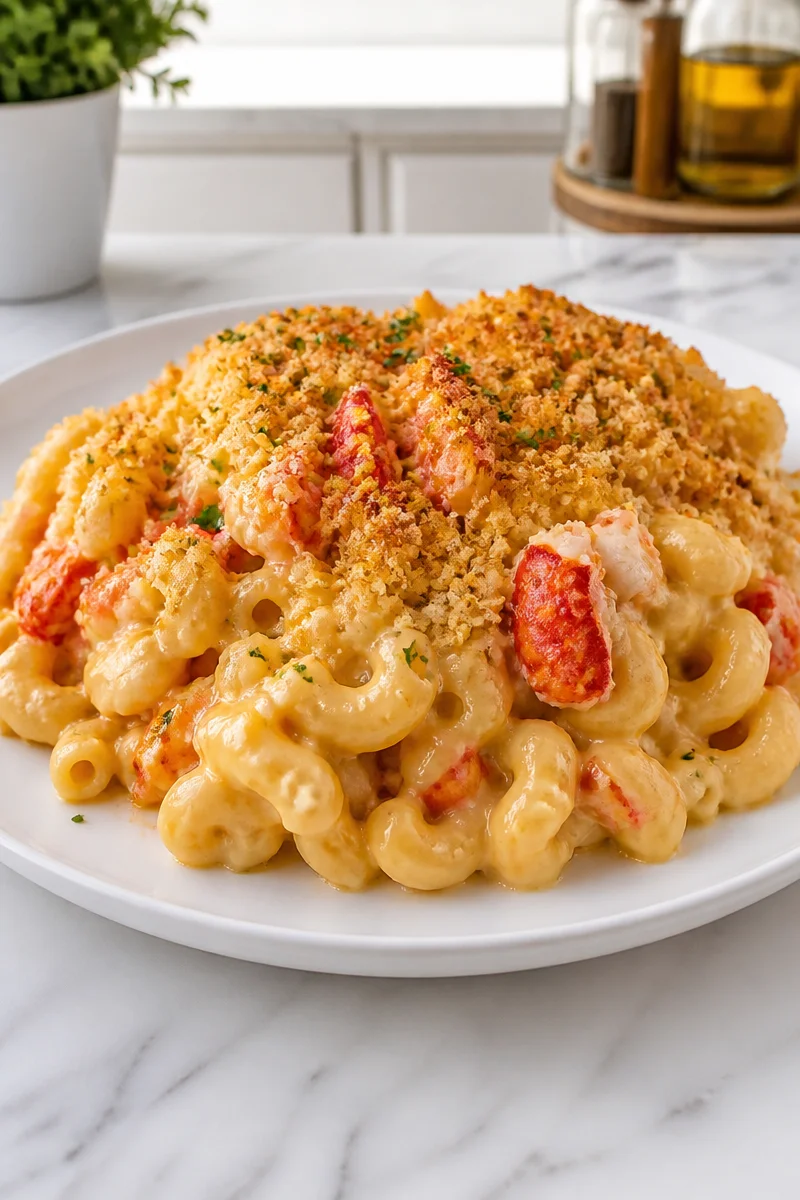 Creamy lobster macaroni and cheese dish topped with breadcrumbs