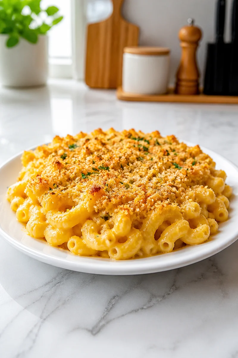 Creamy homemade macaroni and cheese casserole topped with golden breadcrumbs