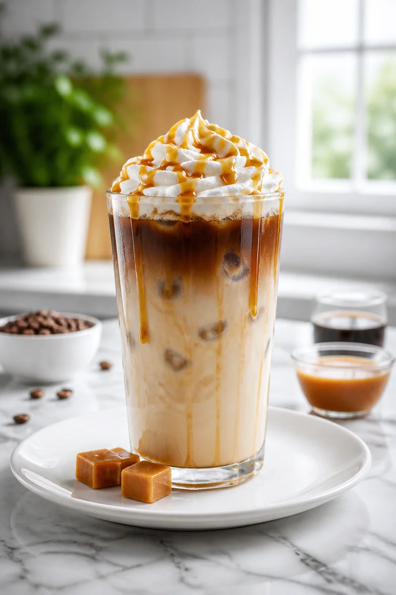 Creamy iced caramel macchiato coffee served in a glass with caramel drizzle