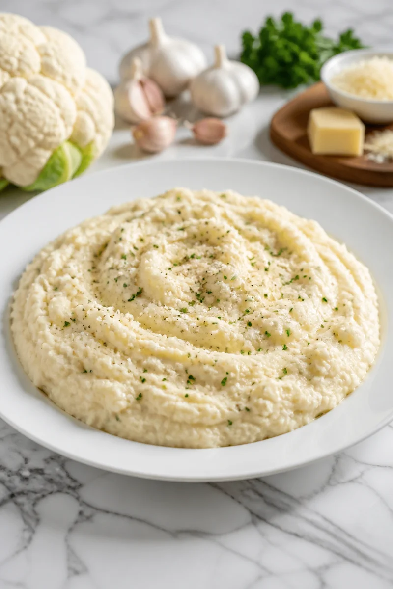 Creamy keto garlic and herb mashed cauliflower in a bowl