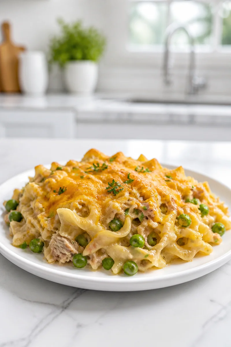 Creamy mushroom and tuna noodle bake dish ready to serve