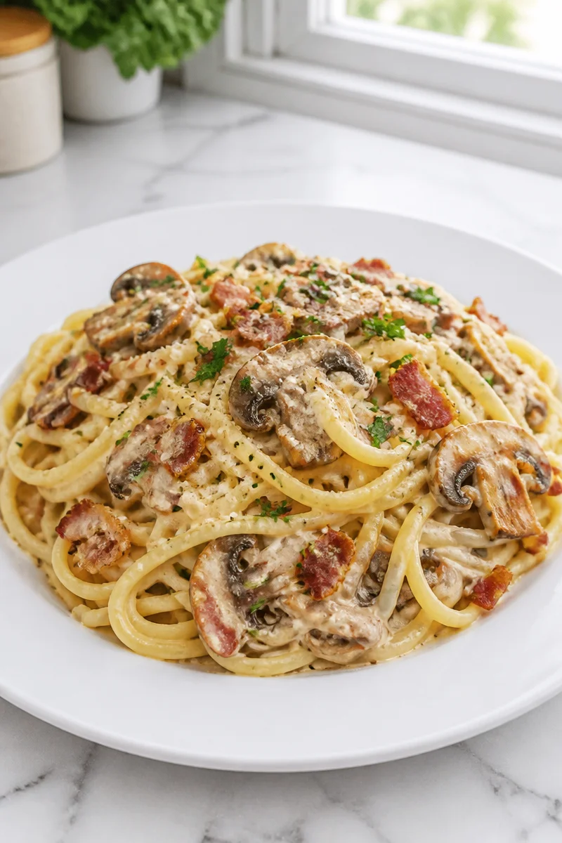 Bowl of creamy mushroom pasta carbonara with crispy bacon
