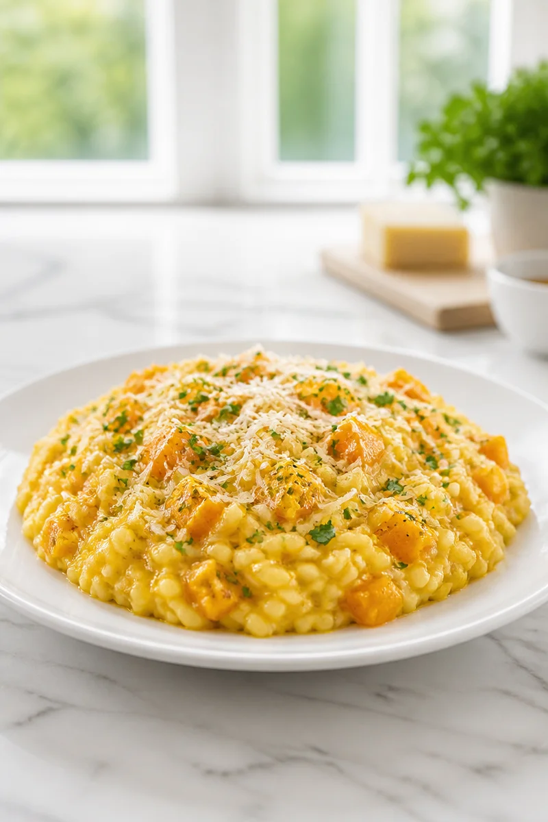 Creamy Parmesan and garlic butternut squash risotto served in a bowl.