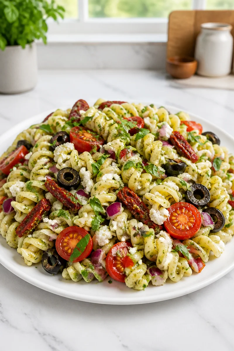 Creamy pesto pasta salad with sun-dried tomato, a delicious and colorful dish.