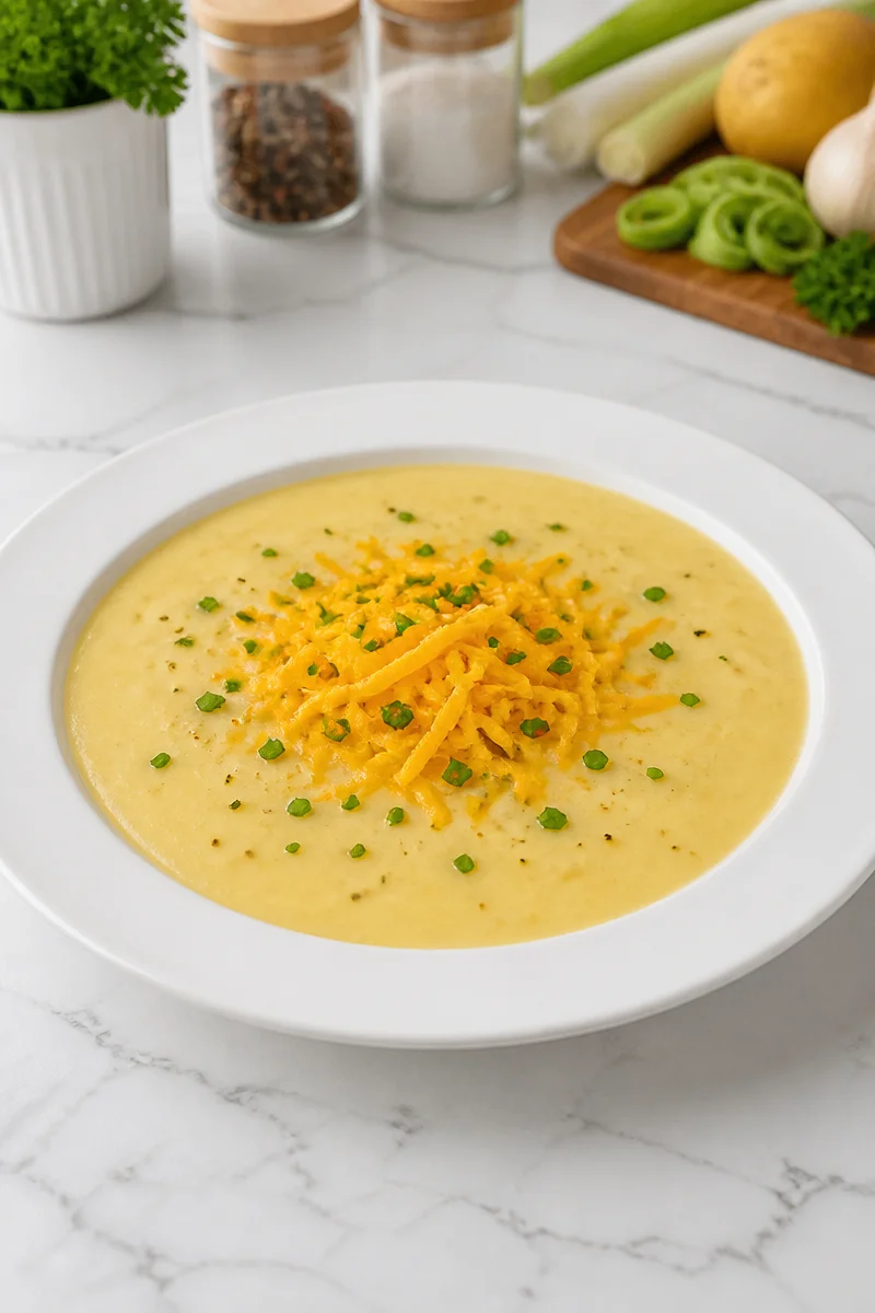 Creamy potato leek soup topped with melted cheddar cheese in a bowl.
