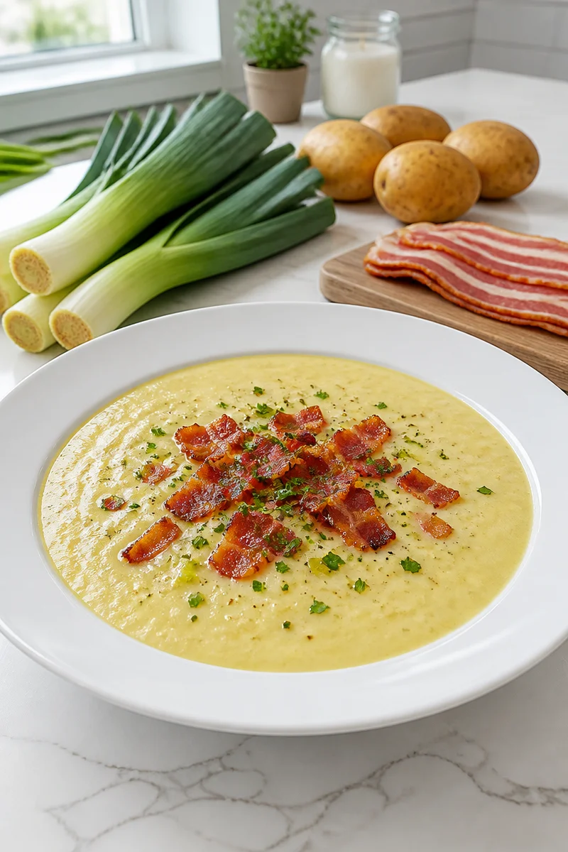 A bowl of creamy potato leek soup garnished with crispy bacon bits