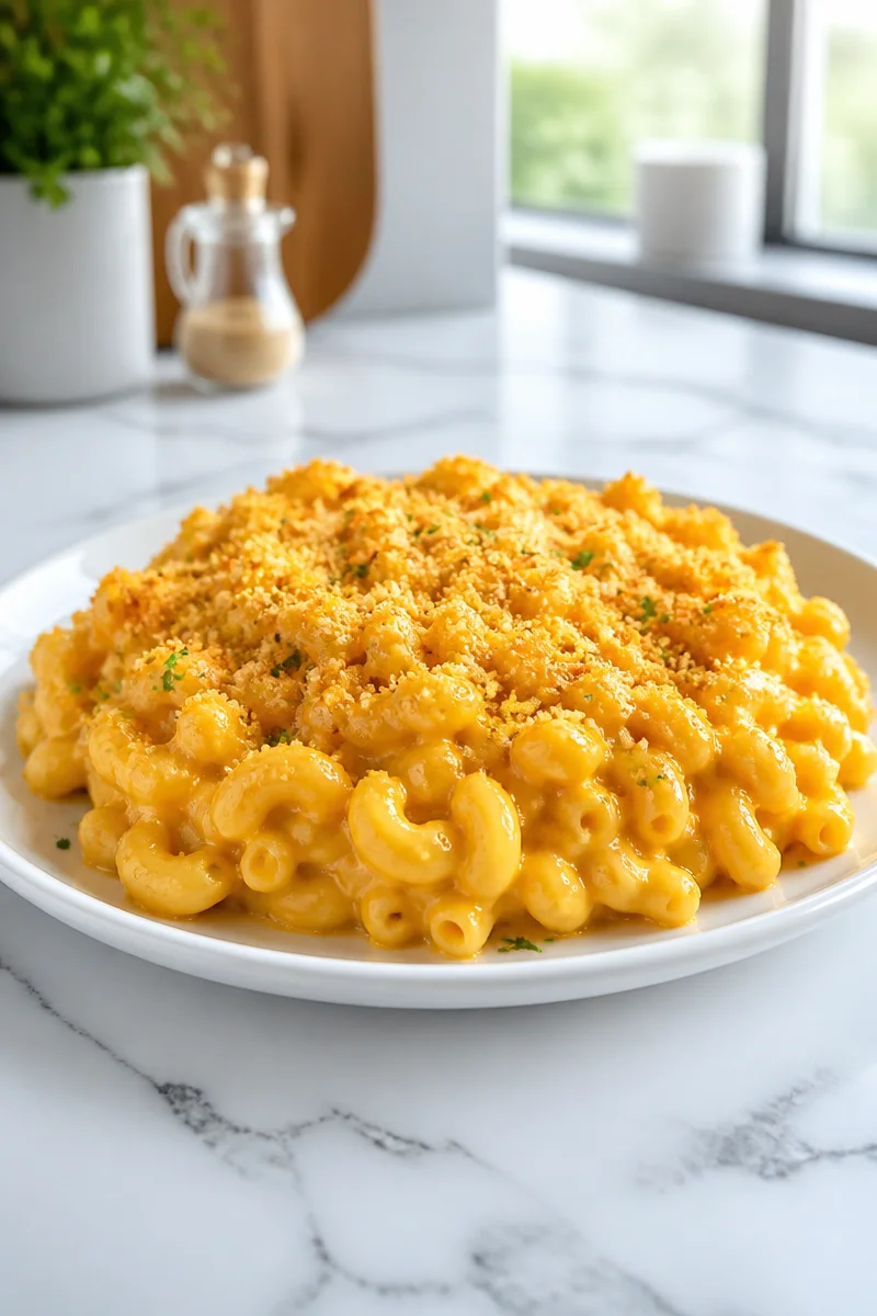 Creamy pumpkin macaroni and cheese in a bowl garnished with herbs