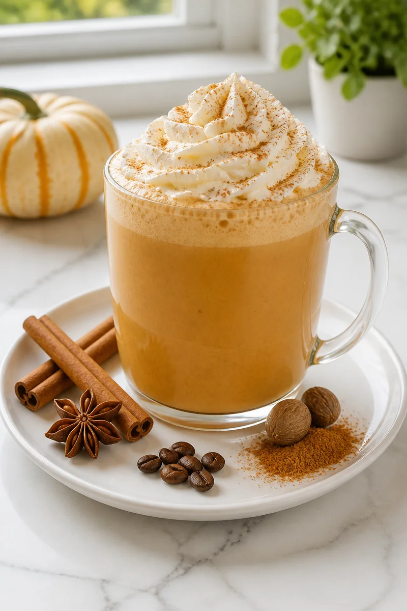 Creamy pumpkin spice latte with whipped cream, perfect for fall beverages