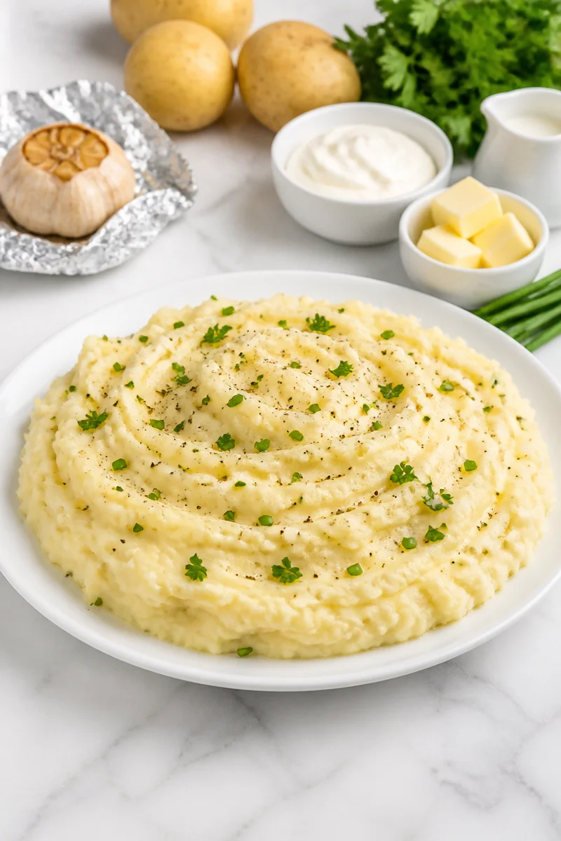 Creamy roasted garlic and herb mashed potatoes served as a delicious side dish