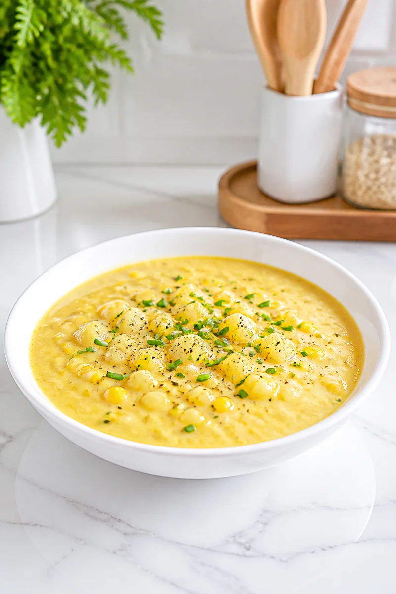 Bowl of creamy roasted sweet corn chowder soup garnished with herbs