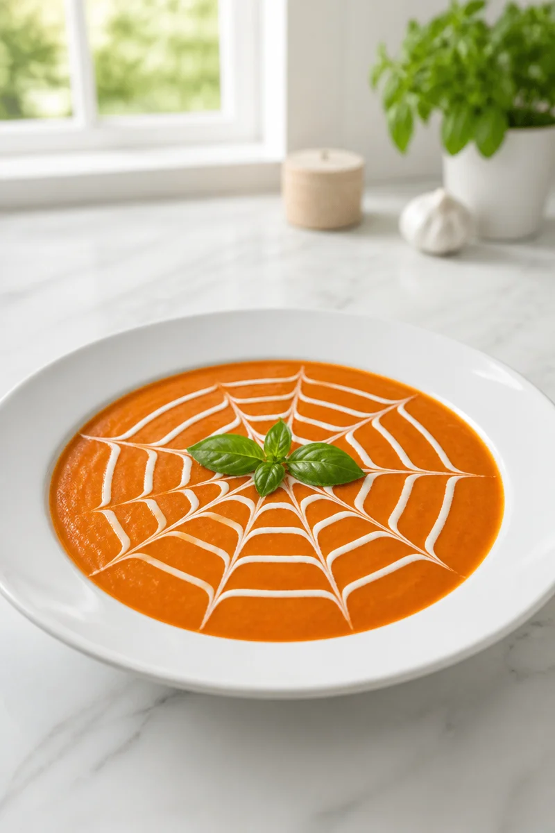 Creamy tomato soup garnished with a spider web design for a unique twist