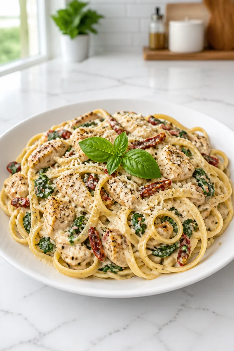 Creamy Tuscan Garlic Chicken Pasta with sun-dried tomatoes and herbs