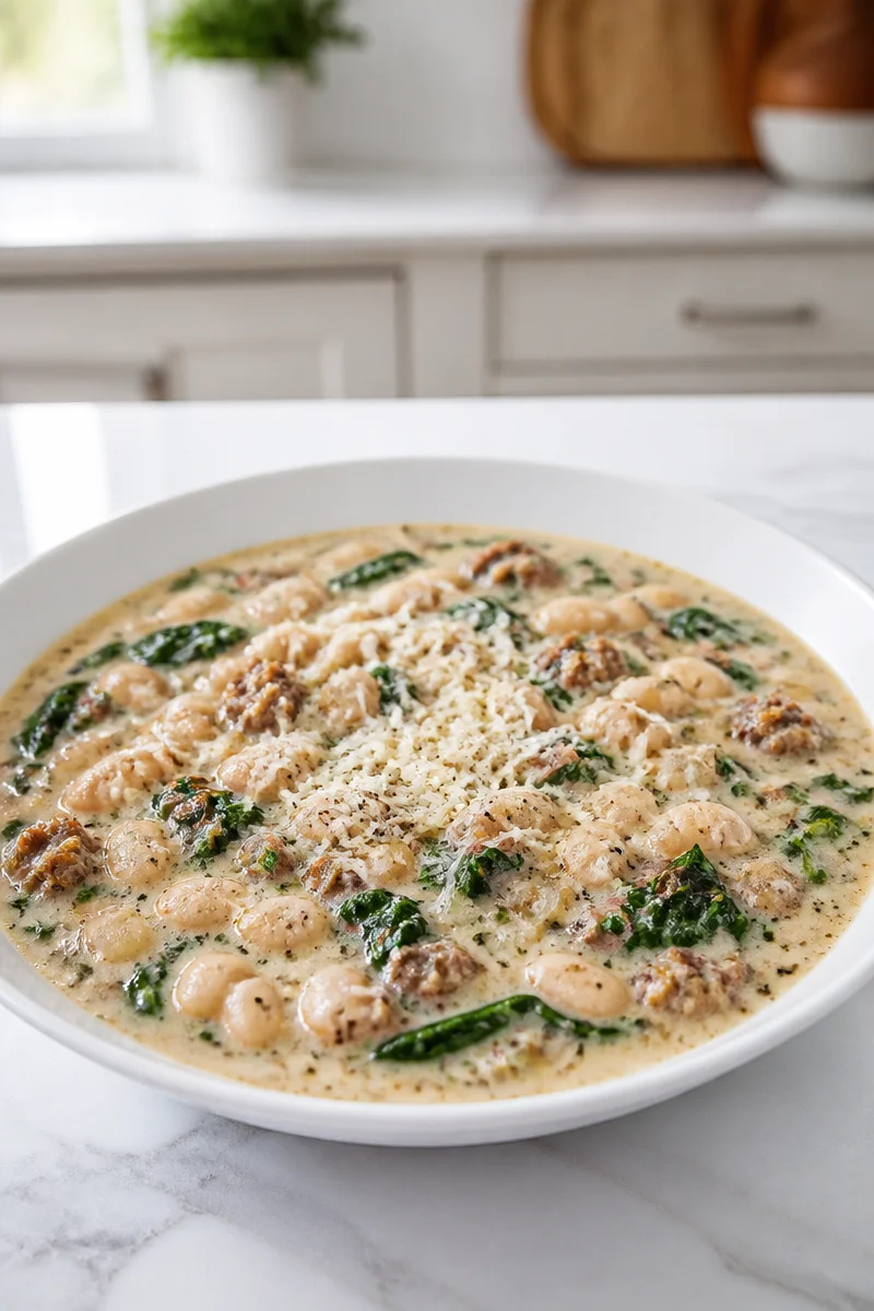 Creamy Tuscan White Bean Soup with sausage in a bowl, garnished with herbs.
