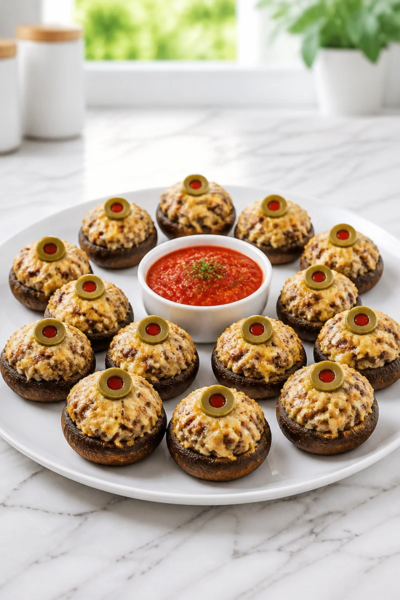 Creepy Eyeball Stuffed Mushroom Caps for Halloween party appetizer