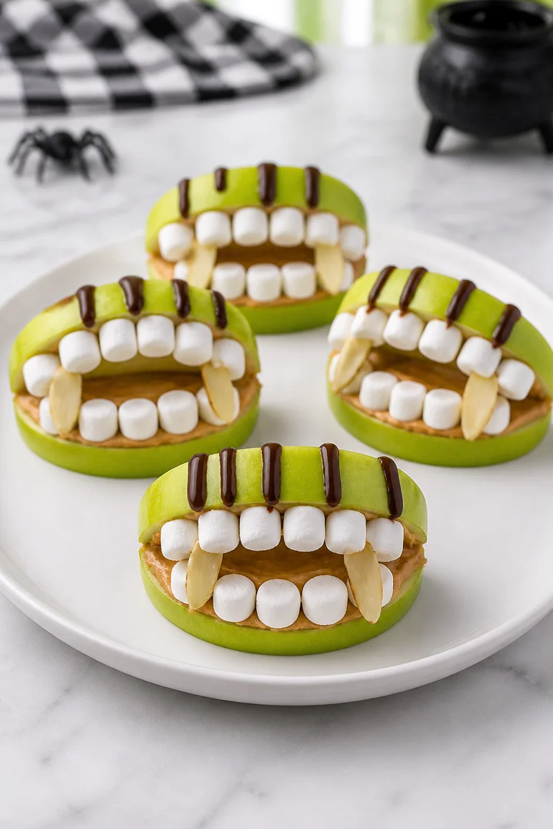 Creepy Green Apple Monster Jaw Halloween Snack on a spooky plate