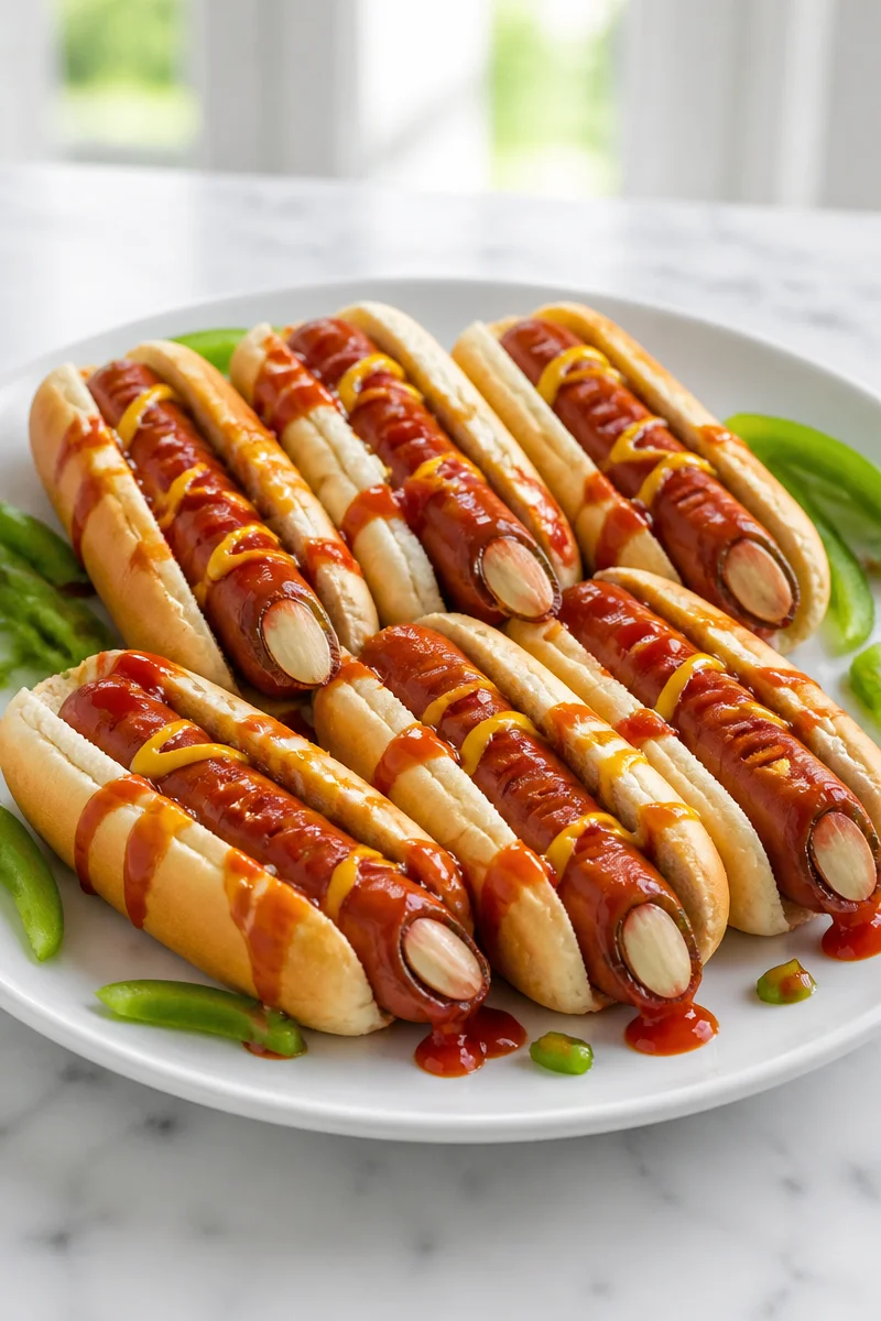 Creepy severed finger halal beef hot dog Halloween snack for festive occasions.