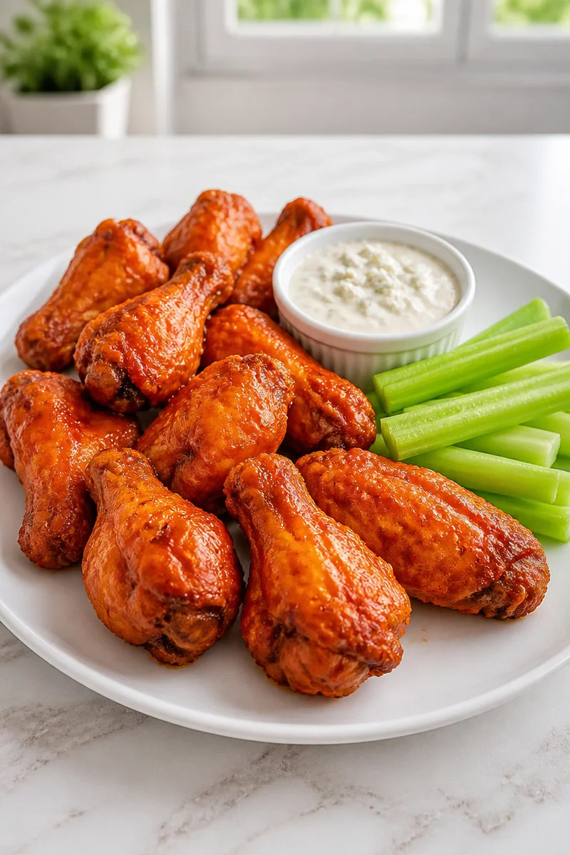Crispy air fryer Buffalo chicken wings with celery sticks on a plate