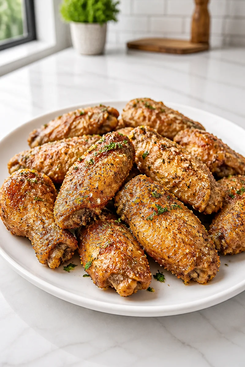 Crispy air fryer chicken wings with garlic parmesan sauce on a plate