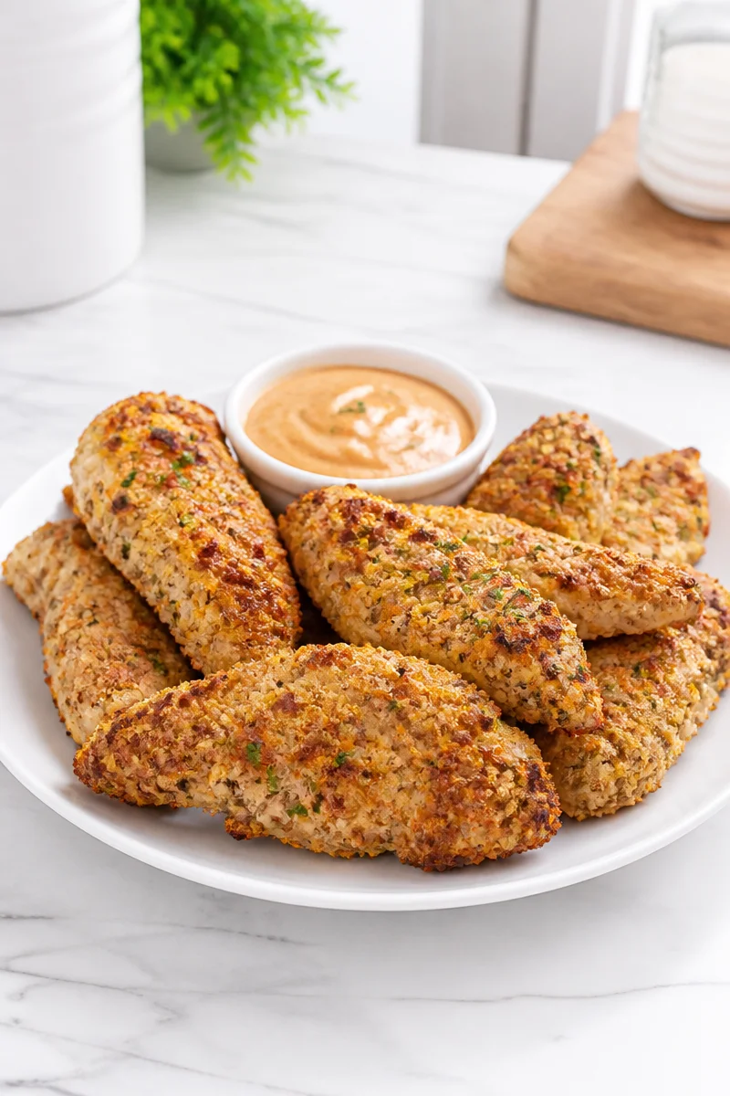 Crispy almond crusted baked chicken tenders on a plate