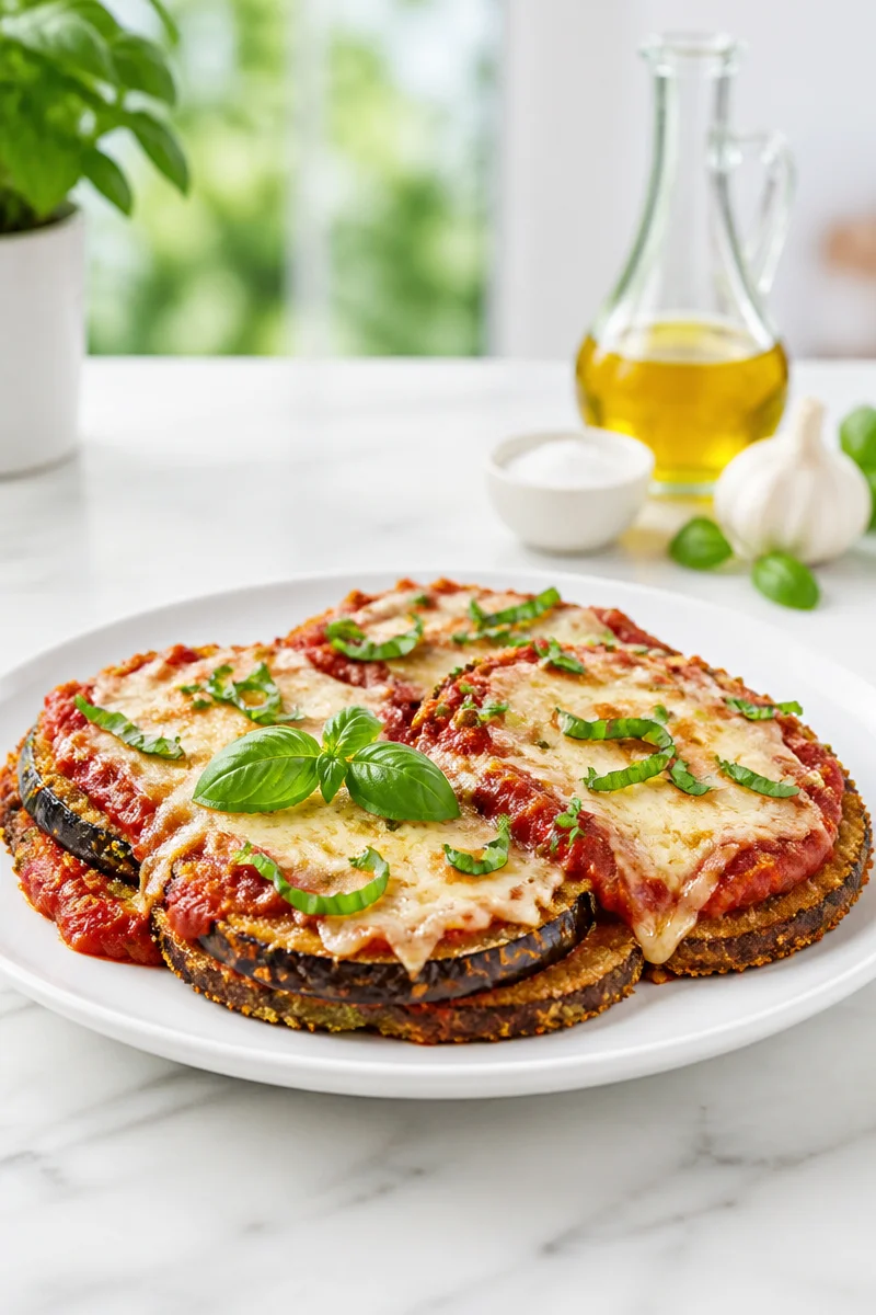 Crispy baked eggplant parmesan slices arranged on a plate, garnished with fresh herbs.