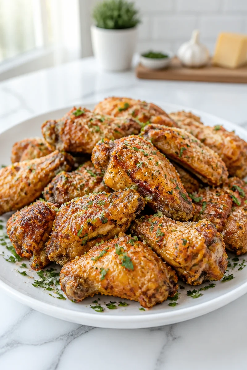 Crispy baked garlic parmesan chicken wings garnished with herbs and cheese