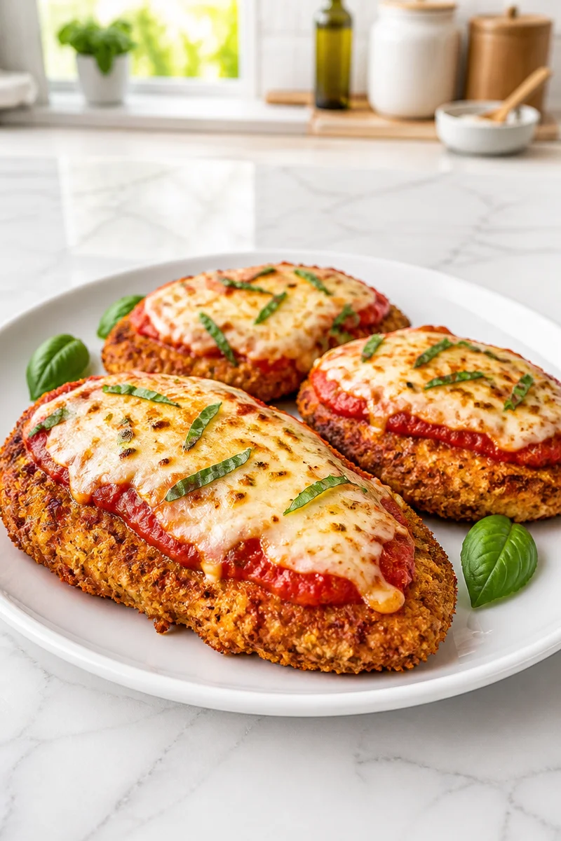Crispy baked mozzarella cheese chicken parmesan served on a plate