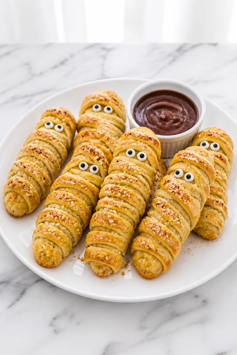 Crispy Baked Mummy Chicken Tenders served with dipping sauce
