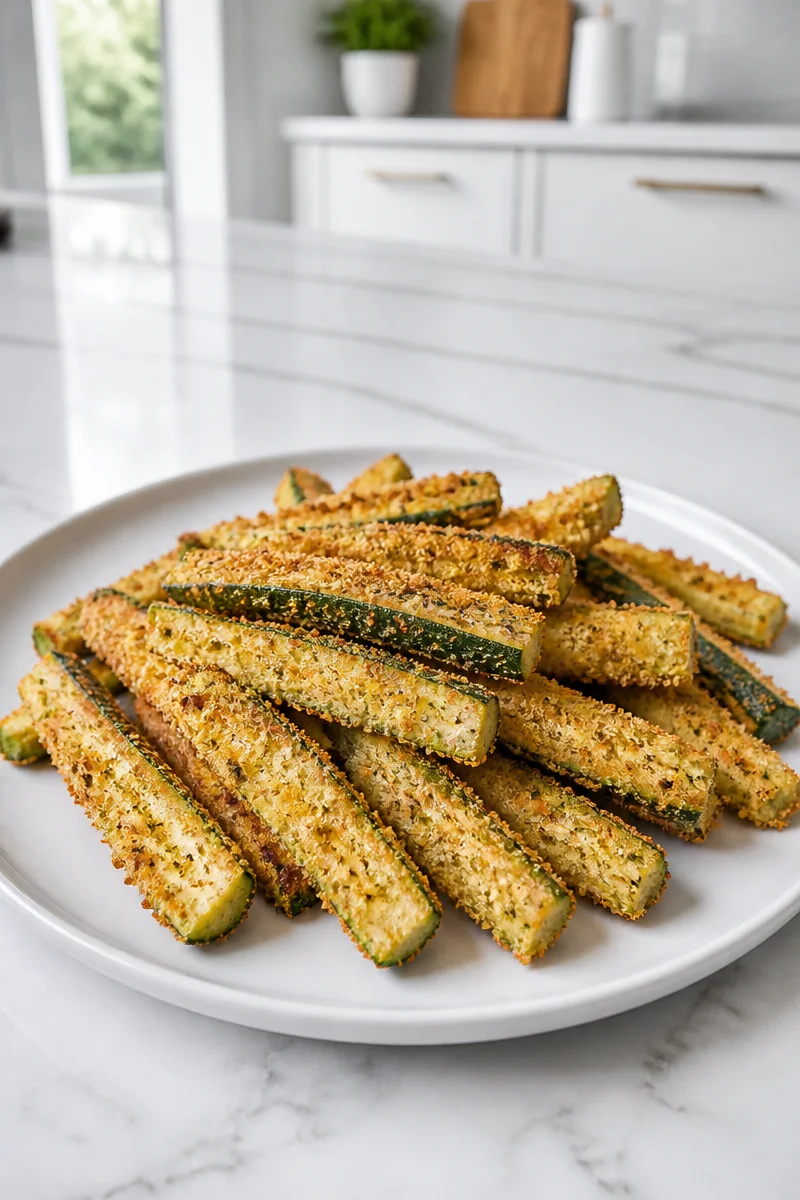 Crispy Baked Parmesan Zucchini Frie served on a plate