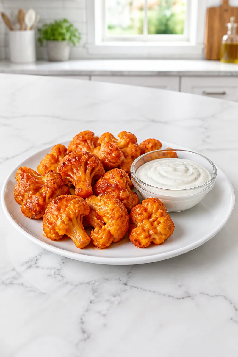 Crispy Buffalo Cauliflower Bites served with ranch dip on a plate