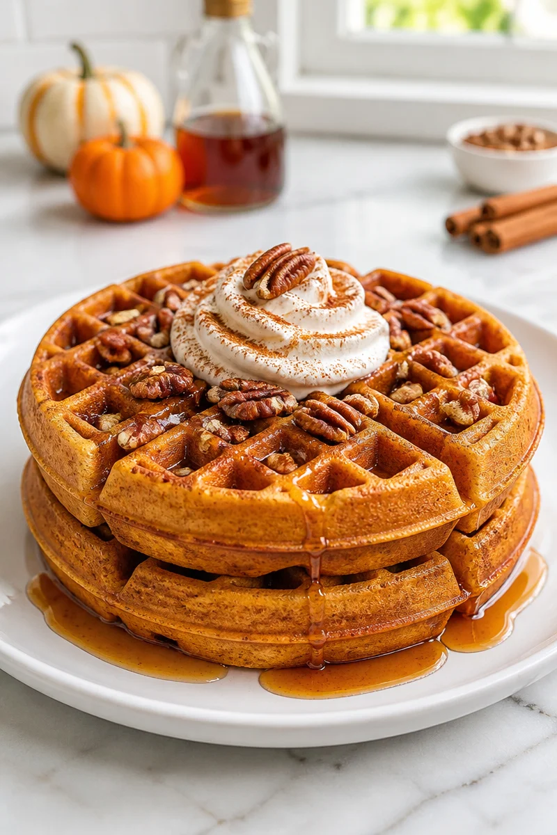 Crispy cinnamon spiced pumpkin waffle topped with syrup and whipped cream.
