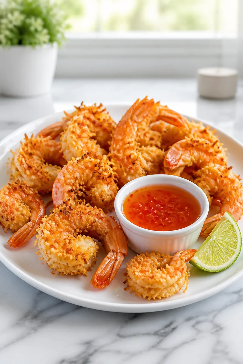 Crispy coconut crusted jumbo shrimp recipe made in an air fryer