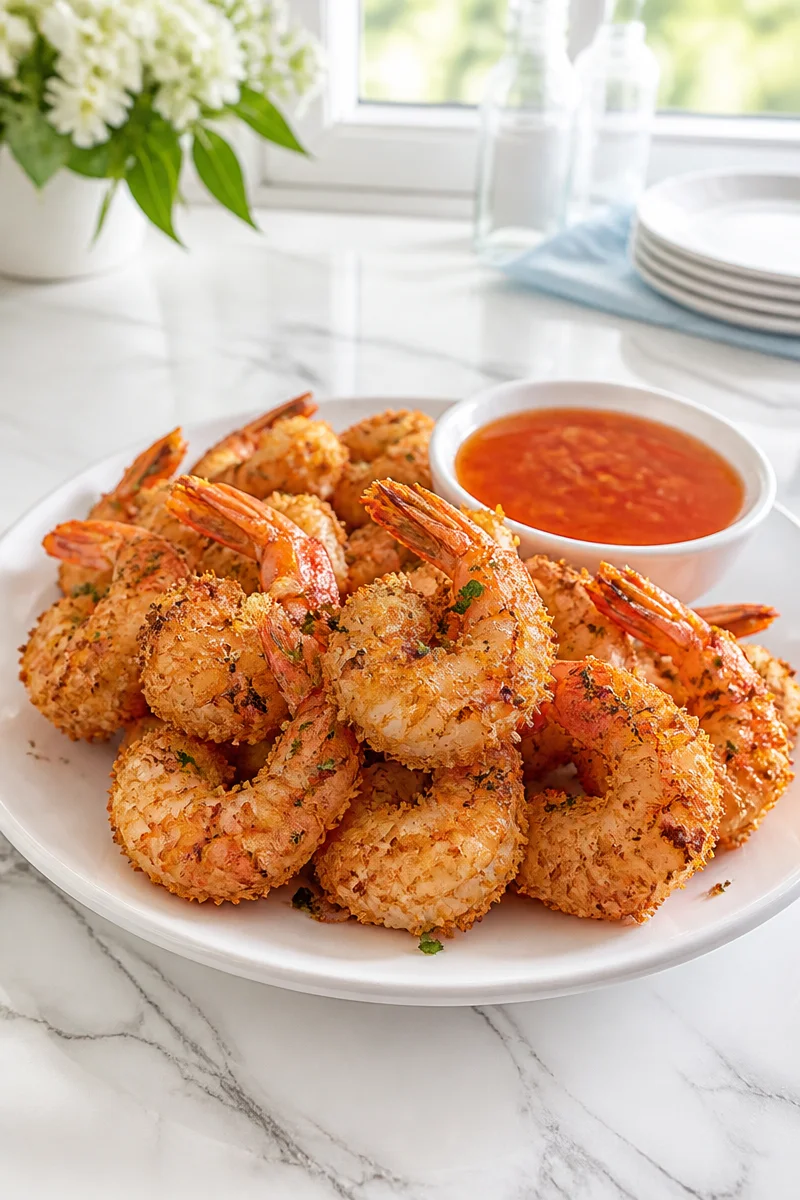 Plate of crispy coconut shrimp served with sweet chili dipping sauce