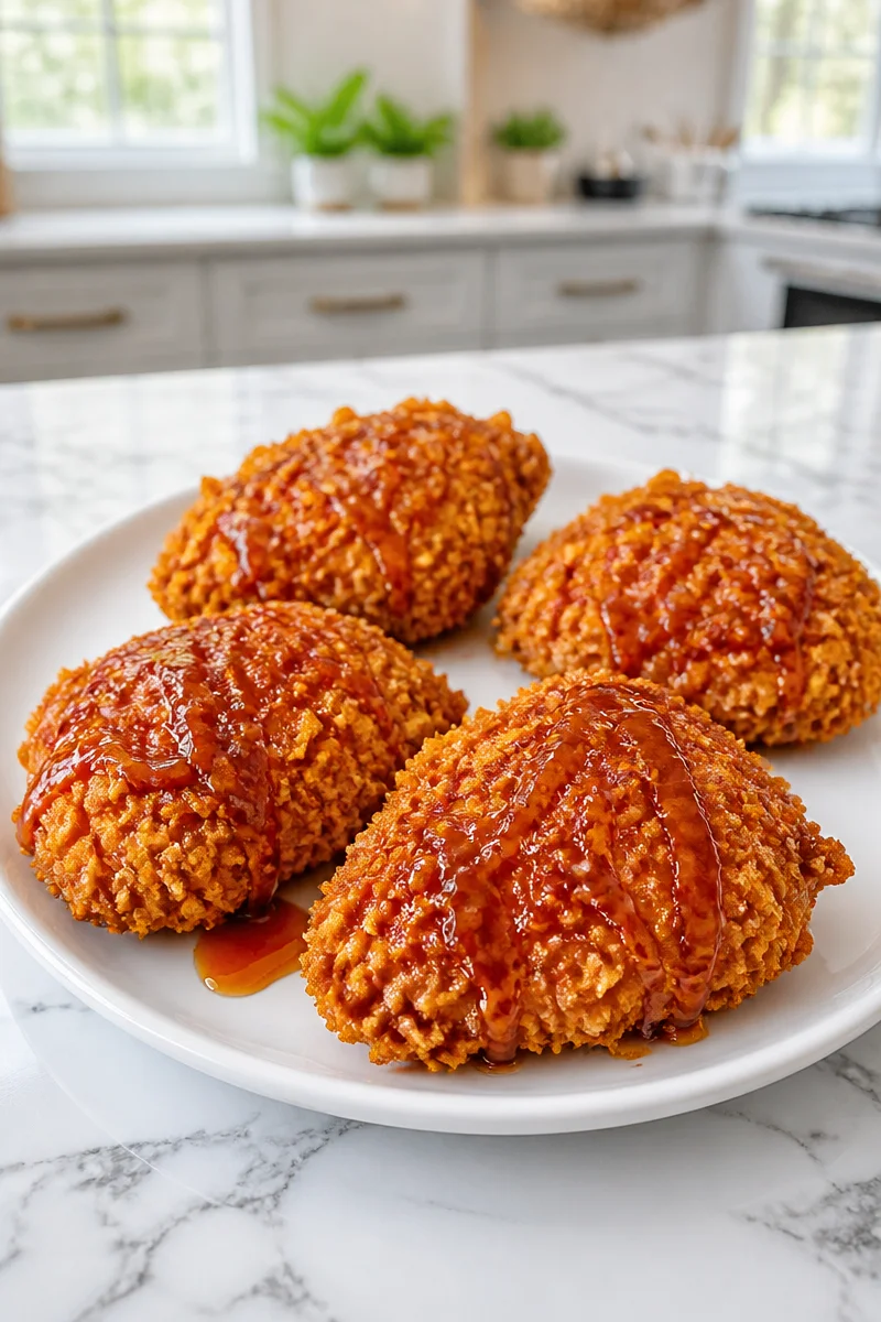 Crispy cornflake crusted baked hot honey chicken on a plate
