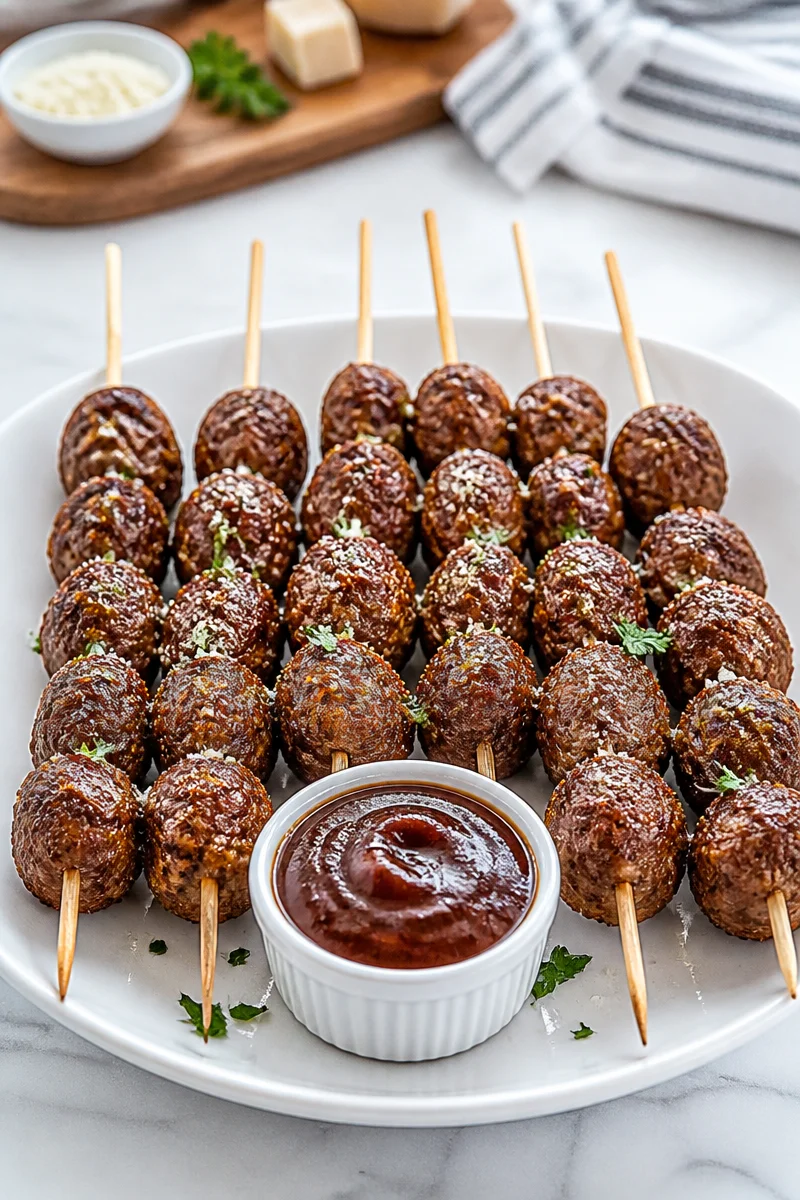 Crispy meatball skewer appetizer served on a festive platter.