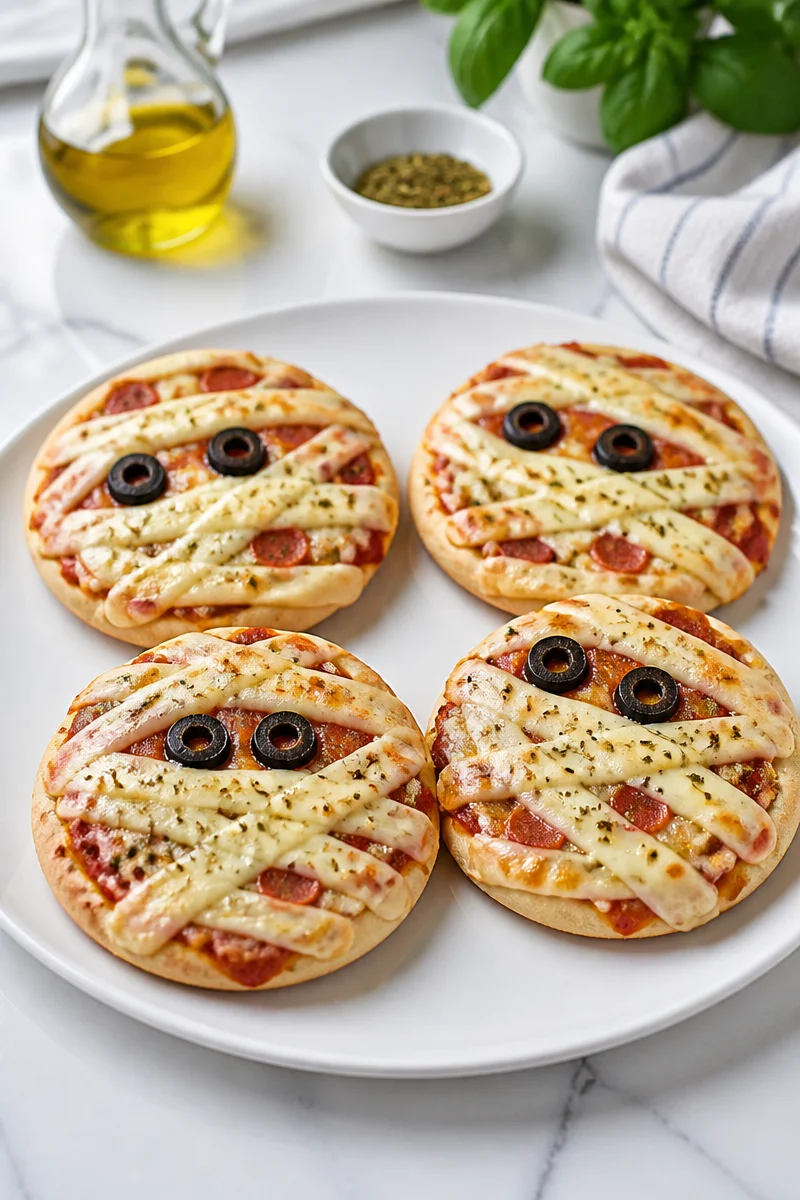 Crispy Mummy Mini Pita Pizza served on a plate, perfect for Halloween snacks.