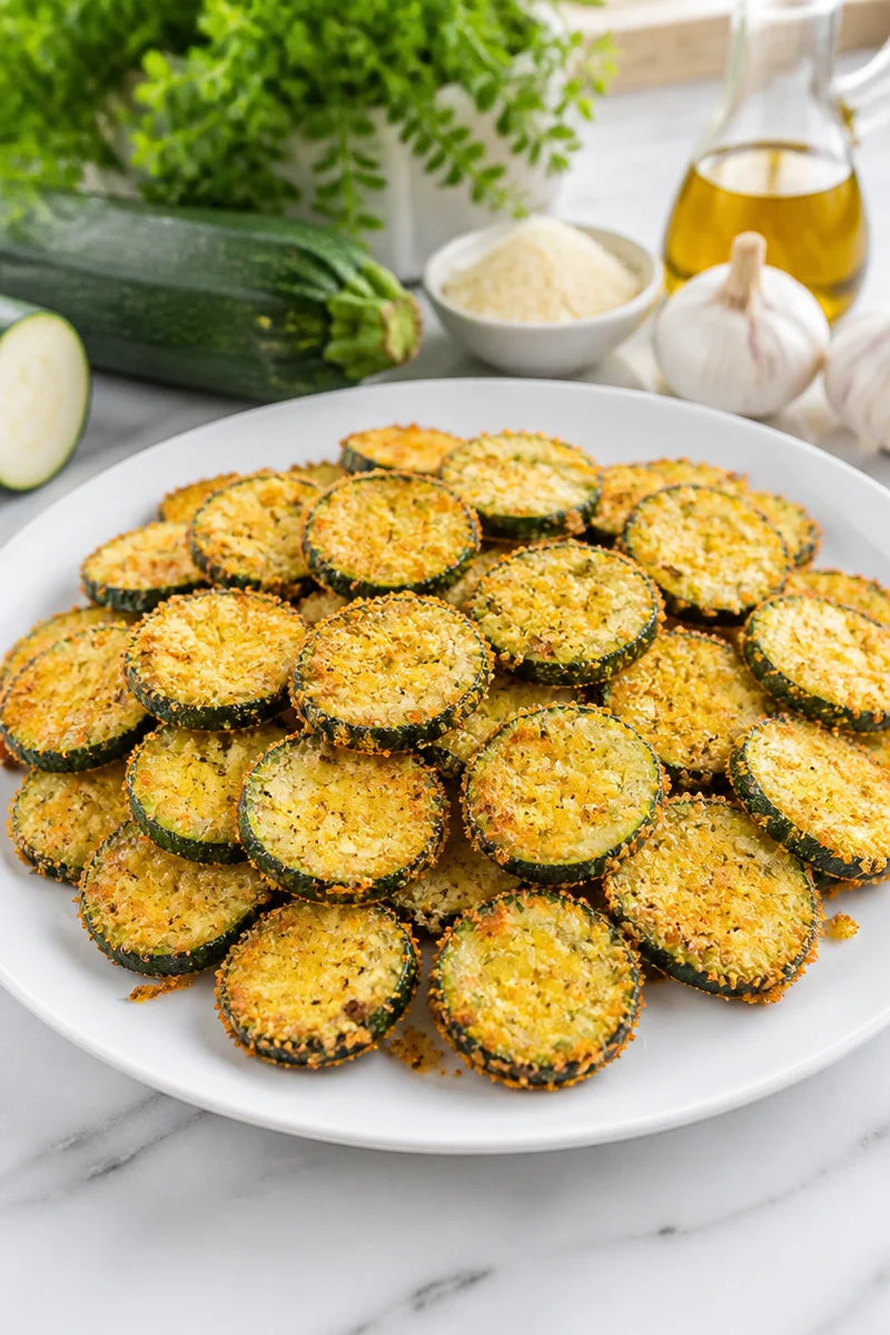 Crispy parmesan baked zucchini chips on a plate for a healthy snack