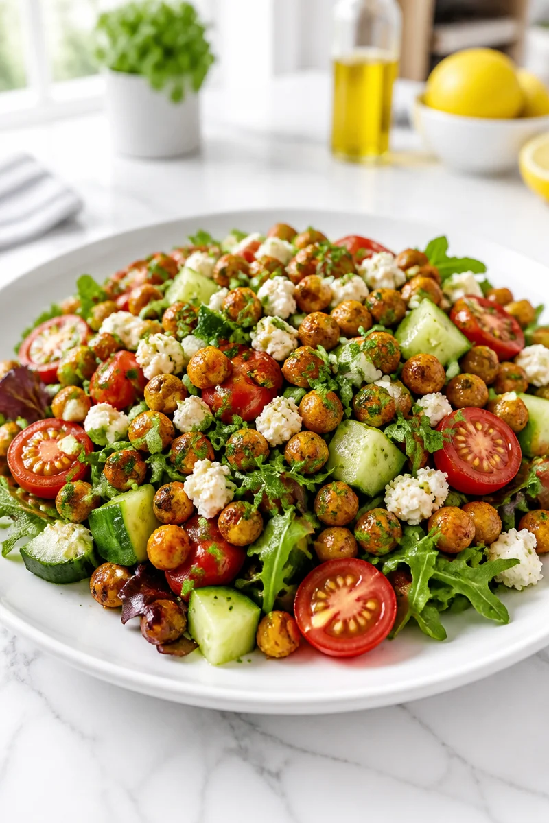 Crispy roasted chickpea salad with feta cheese and fresh vegetables