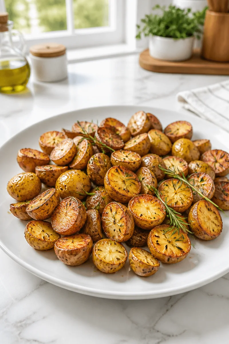 Crispy roasted mini potatoes with rosemary on a serving plate