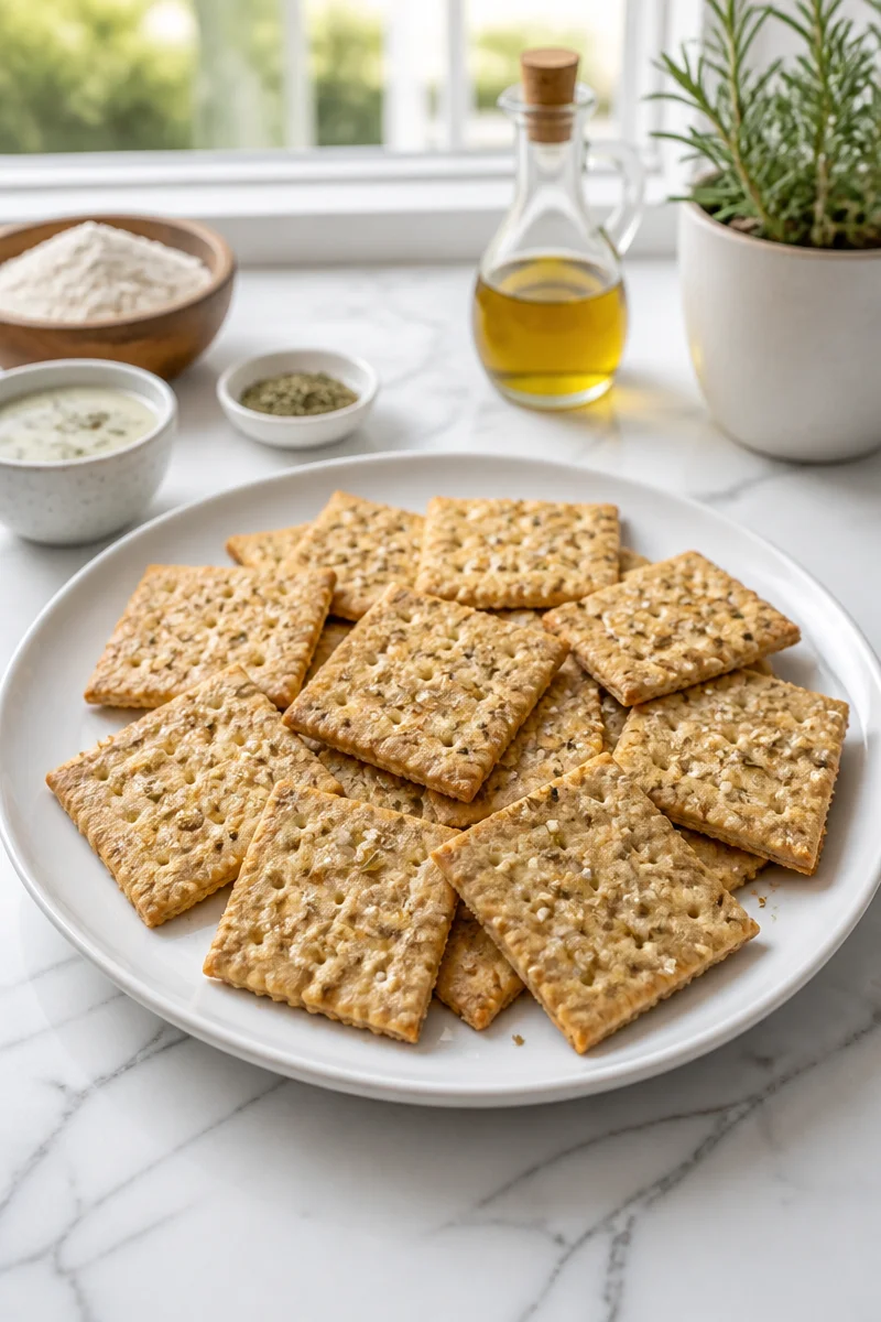 Crispy rosemary sourdough crackers made from sourdough discard