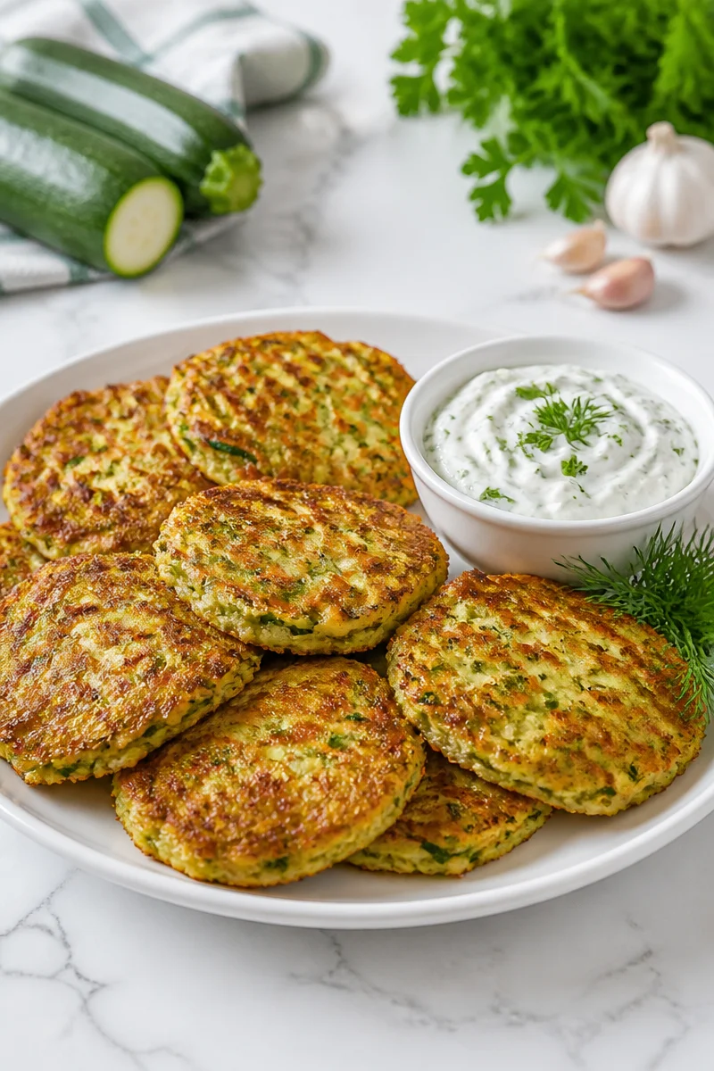 Plate of crispy zucchini fritters served with garlic herb dip