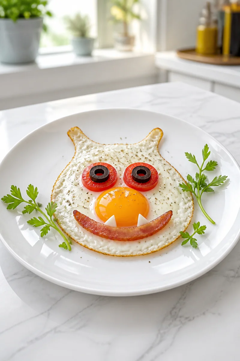 Cute monster face fried egg on a plate, perfect for kids' meals.
