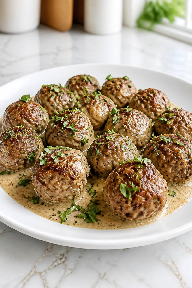 Dairy free creamy coconut milk beef Swedish meatballs served on a plate