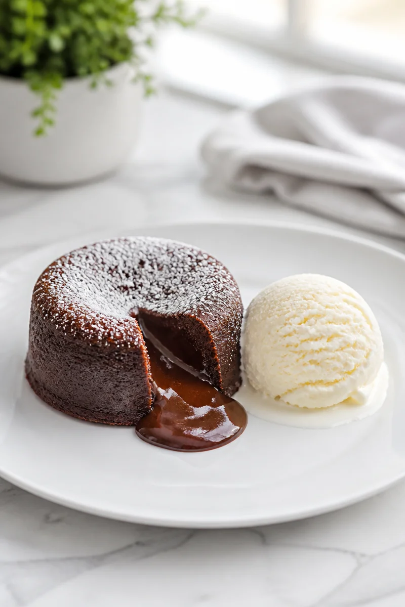 Decadent chocolate lava cake with melted center served with vanilla ice cream