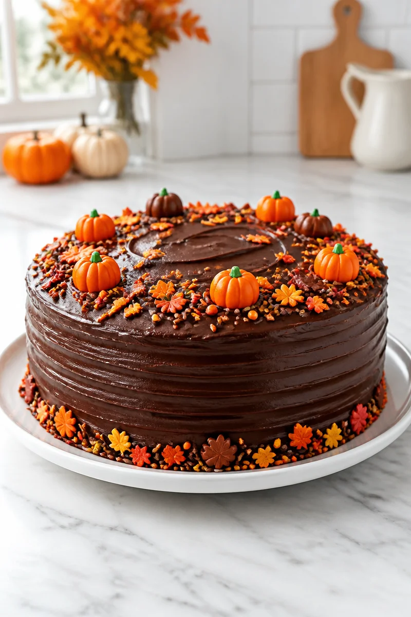 Decadent fall themed chocolate cake decorated with autumn leaves and pumpkins