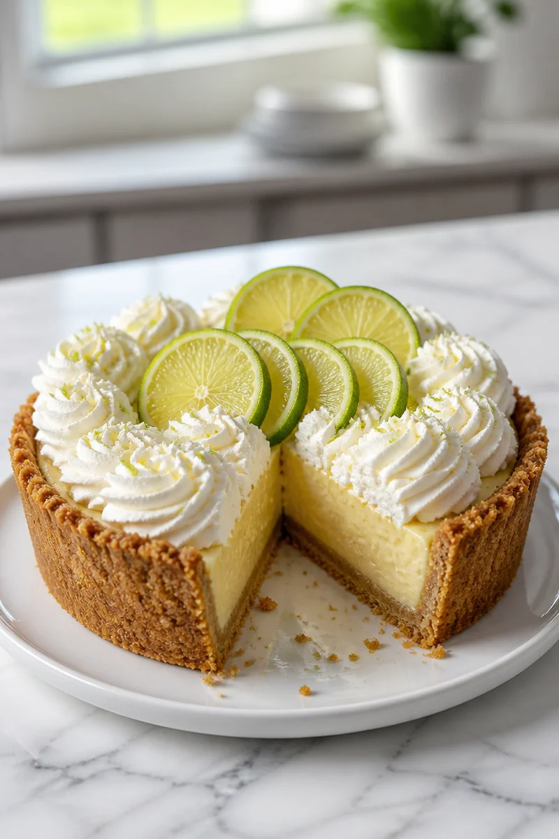 Decadent Key Lime Pie with Graham Cracker Crust on a plate with lime slices