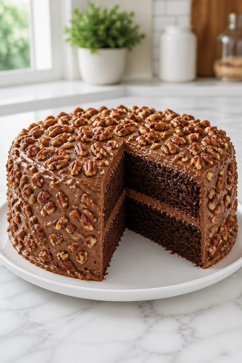 Decadent German chocolate cake with mocha and pecan frosting