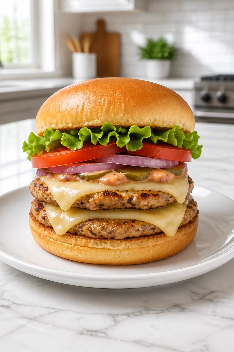 Delicious double turkey patty and Swiss cheese smash burger on a bun